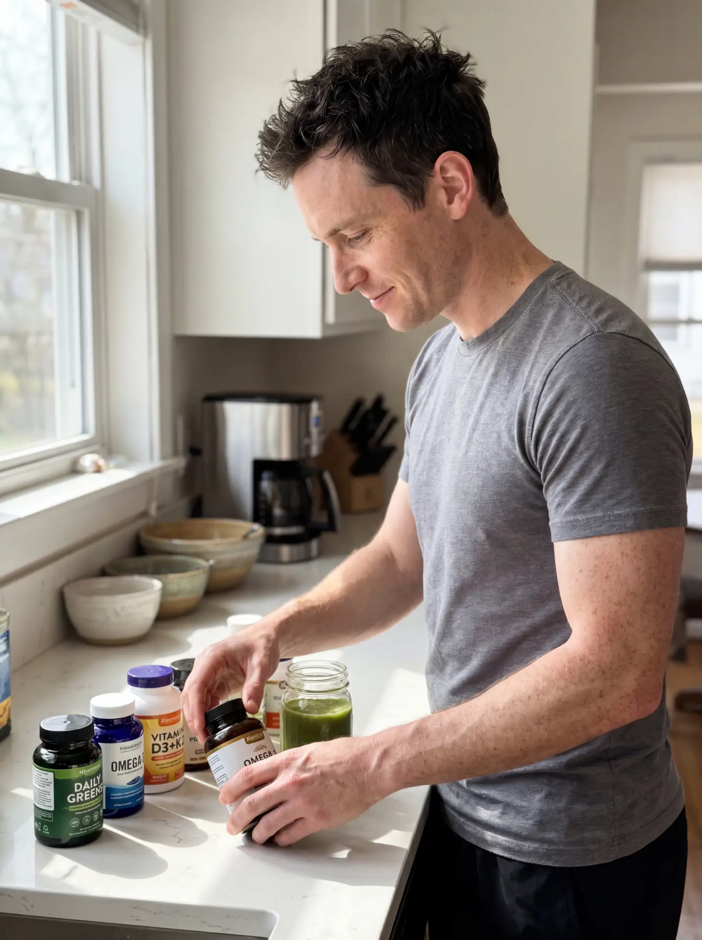 An everyday kitchen moment for a supplements brand — AI-created lifestyle imagery that makes the product feel part of a daily routine.