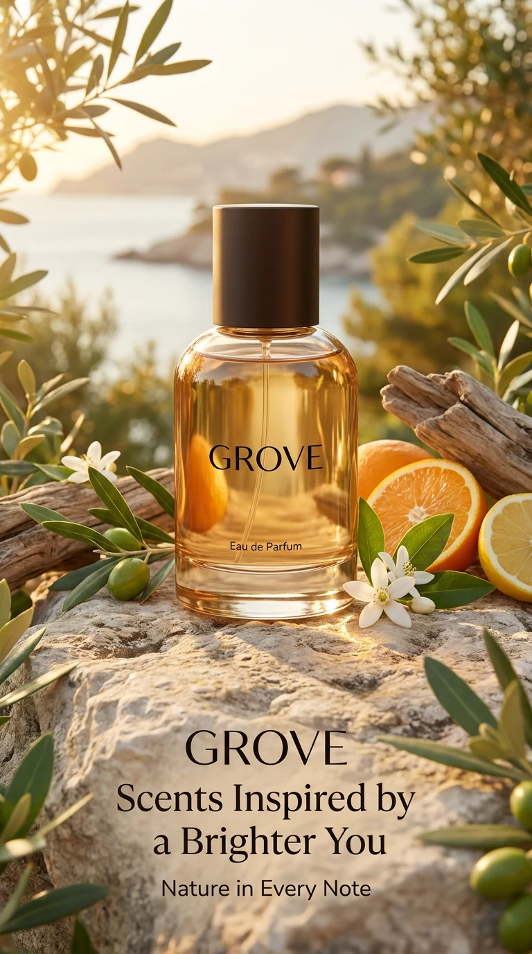 A sunlit fragrance campaign for Grove — AI-created product imagery with citrus, olive branches and coastal light.